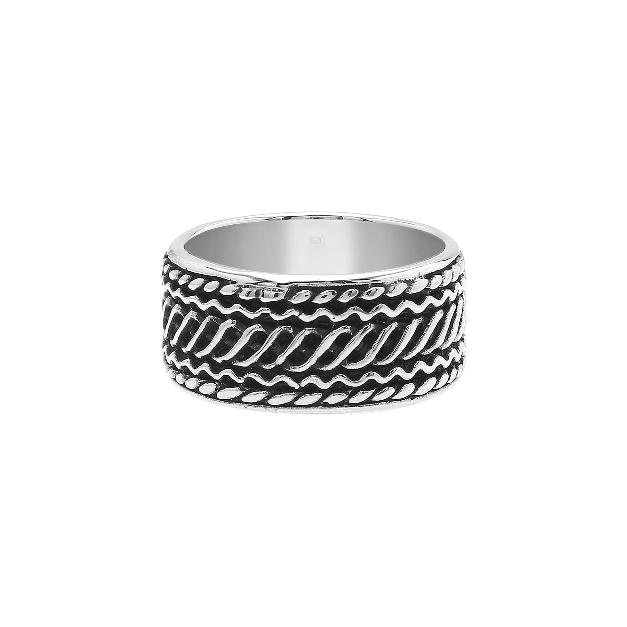 Wholesale sterling silver wide band ring with diagonal braided Bali-inspired design and oxidized details, handcrafted unisex artisan jewelry in bulk for retailers and resellers.