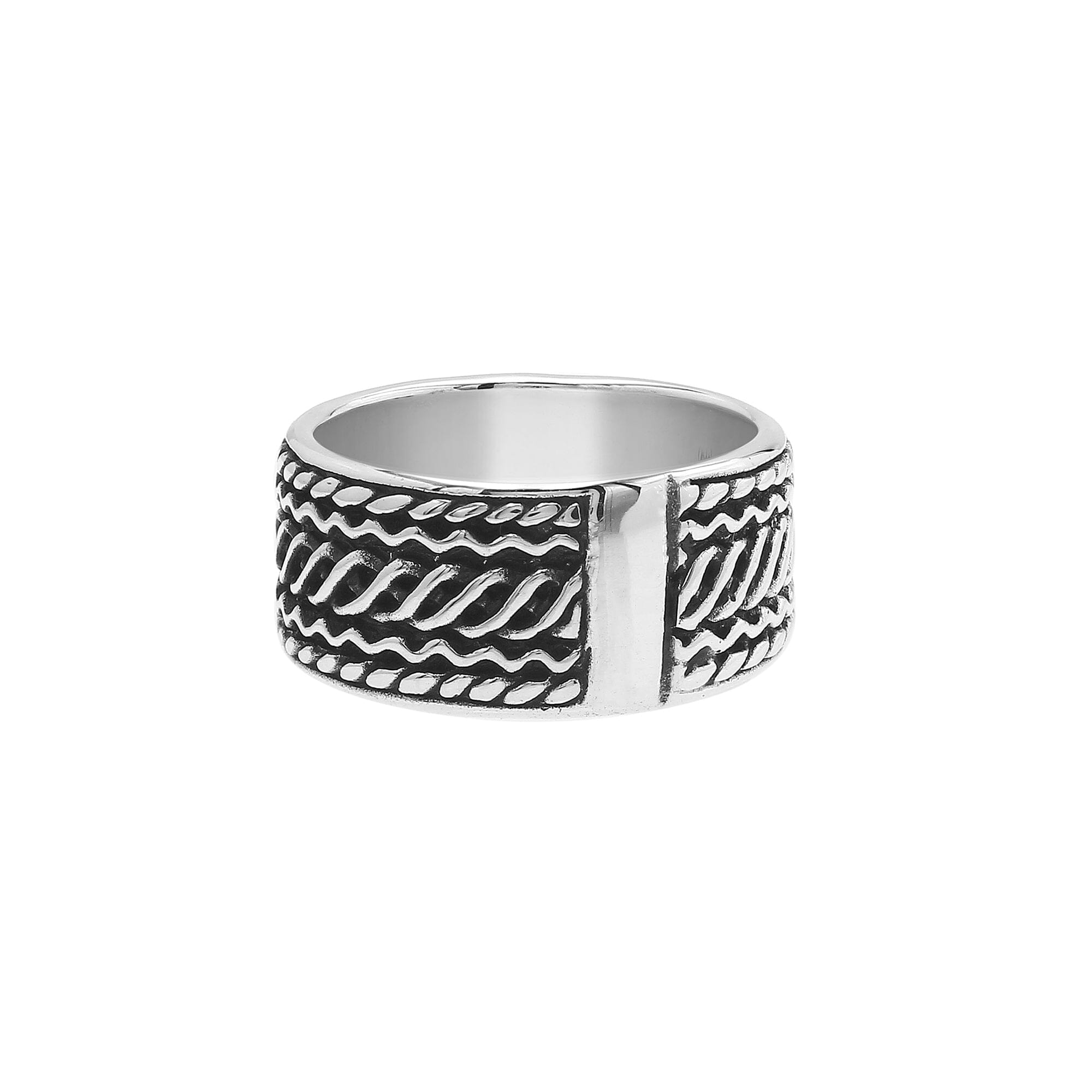 Wholesale sterling silver wide band ring with diagonal braided Bali-inspired design and oxidized details, handcrafted unisex artisan jewelry in bulk for retailers and resellers.