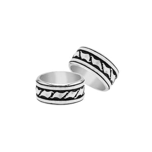 Wholesale sterling silver wide band ring with wave-inspired Bali design and oxidized details, handcrafted unisex artisan jewelry in bulk for retailers and resellers.