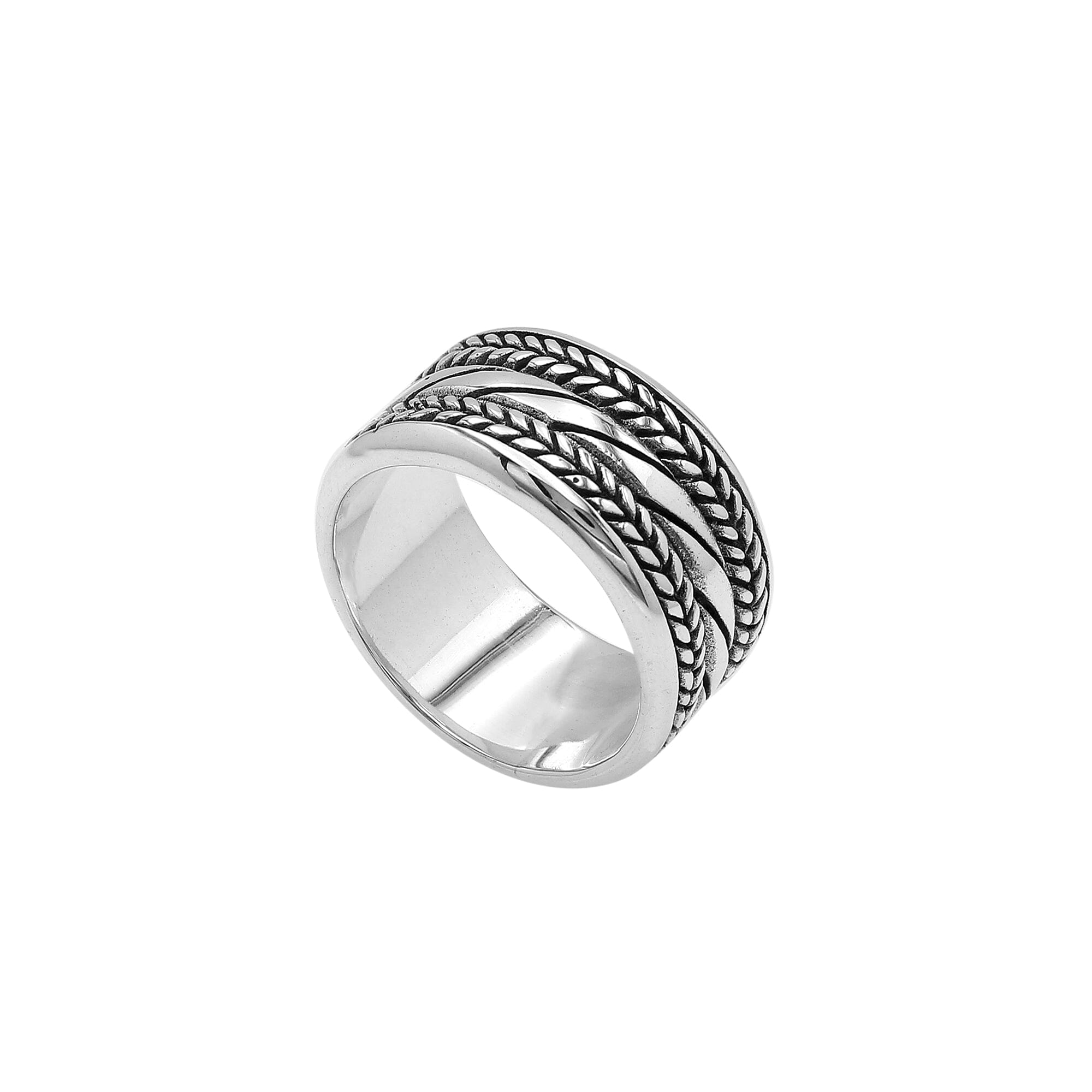 Wholesale sterling silver wide band ring with diagonal rope Bali-inspired design and oxidized details, handcrafted unisex artisan jewelry in bulk for retailers and resellers.