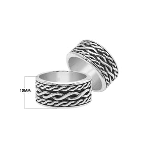 Wholesale sterling silver wide band ring with wavy braid Bali-inspired design and oxidized details, handcrafted unisex artisan jewelry in bulk for retailers and resellers.