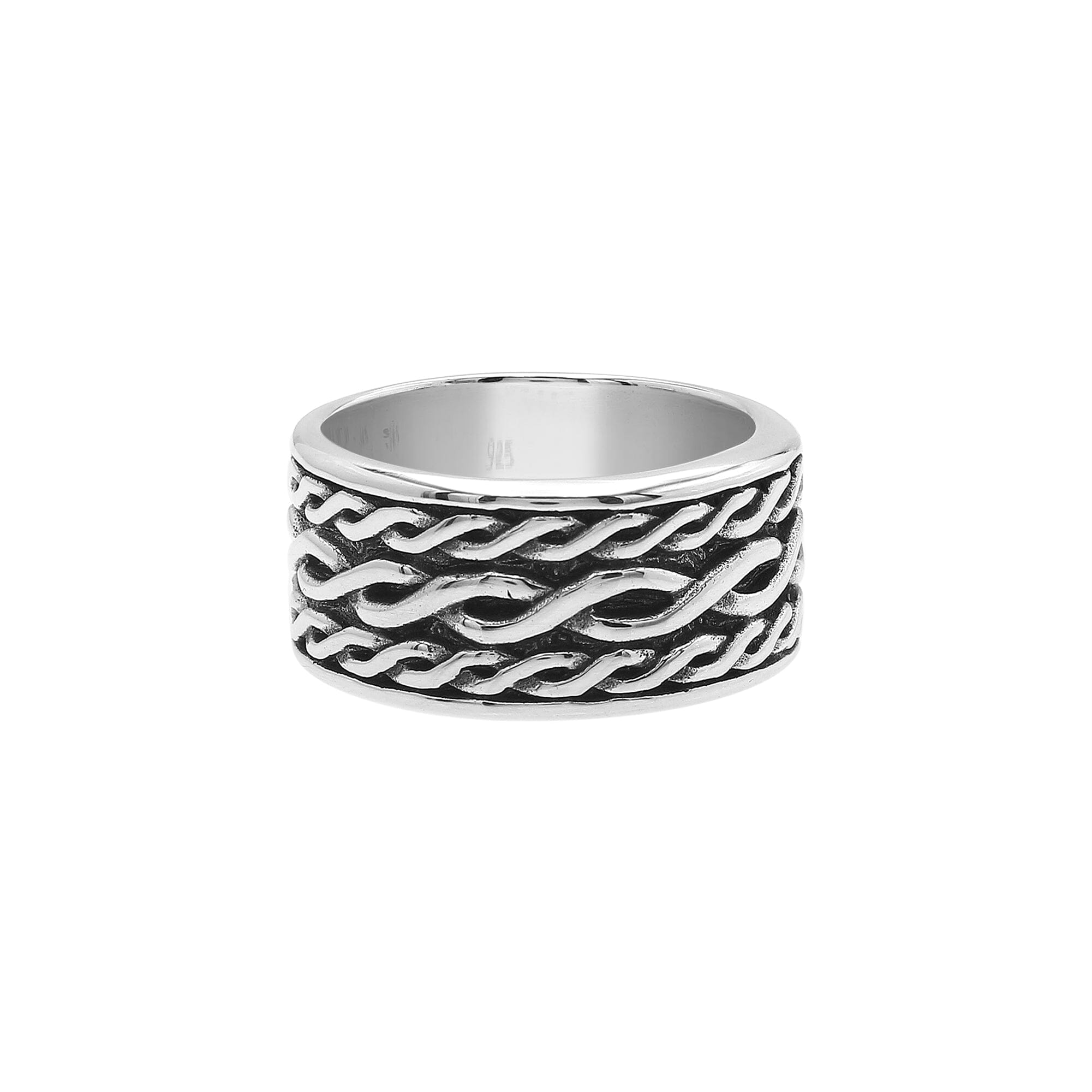 Wholesale sterling silver wide band ring with wavy braid Bali-inspired design and oxidized details, handcrafted unisex artisan jewelry in bulk for retailers and resellers.