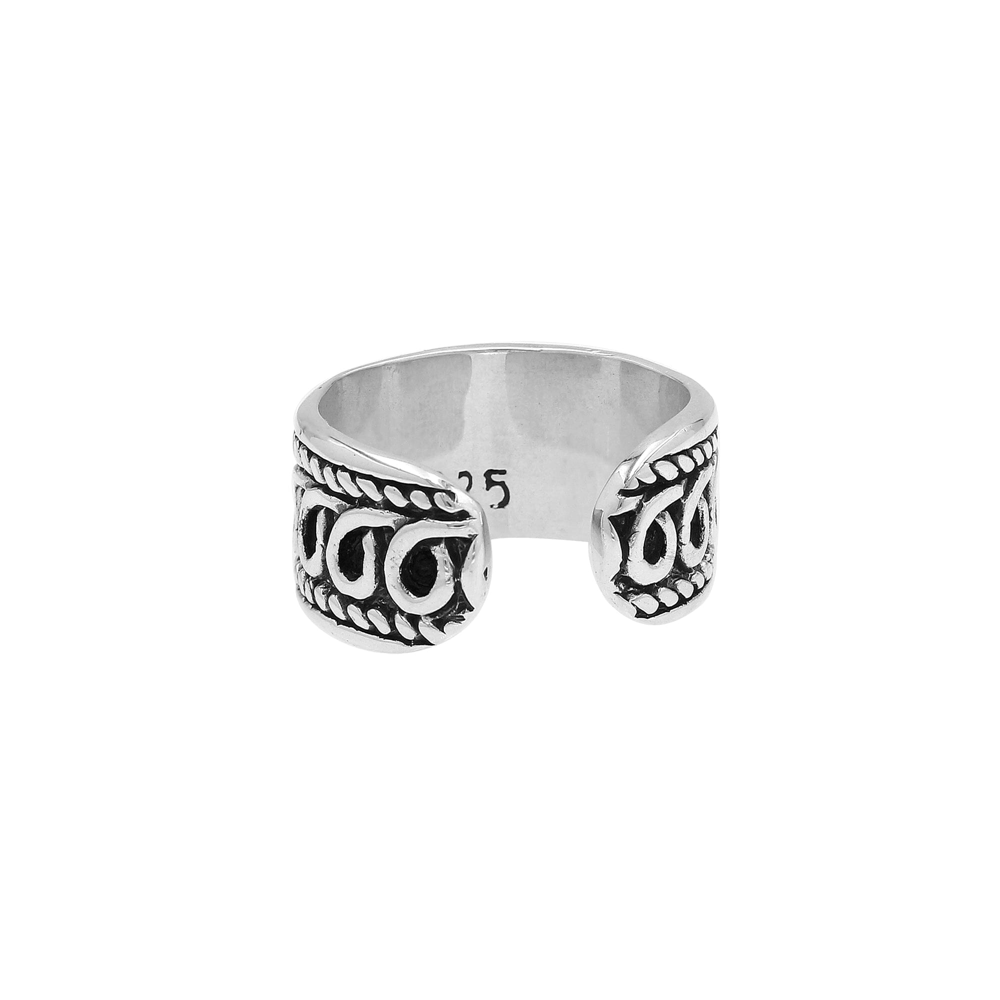 Wholesale sterling silver open-band ring with intricate Bali swirl design and oxidized details, adjustable handcrafted unisex artisan jewelry in bulk for retailers and resellers.