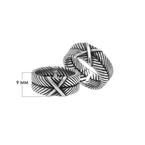 Wholesale sterling silver band ring with X-pattern and leaf design, handcrafted in Bali with oxidized detailing – bulk artisan jewelry.