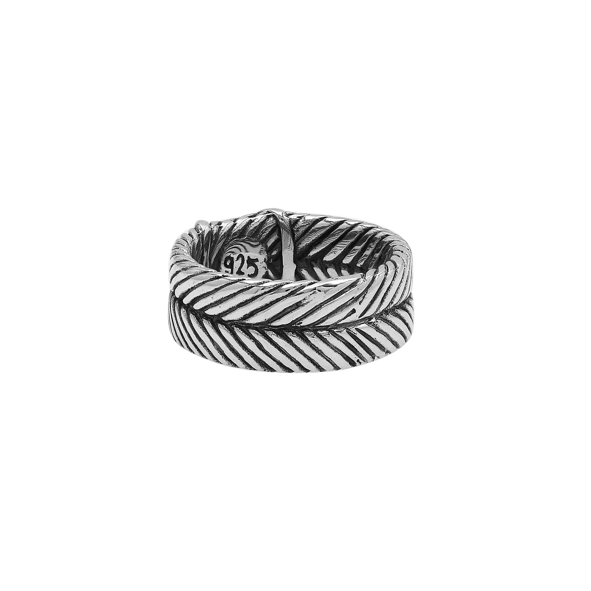 Wholesale sterling silver band ring with X-pattern and leaf design, handcrafted in Bali with oxidized detailing – bulk artisan jewelry.