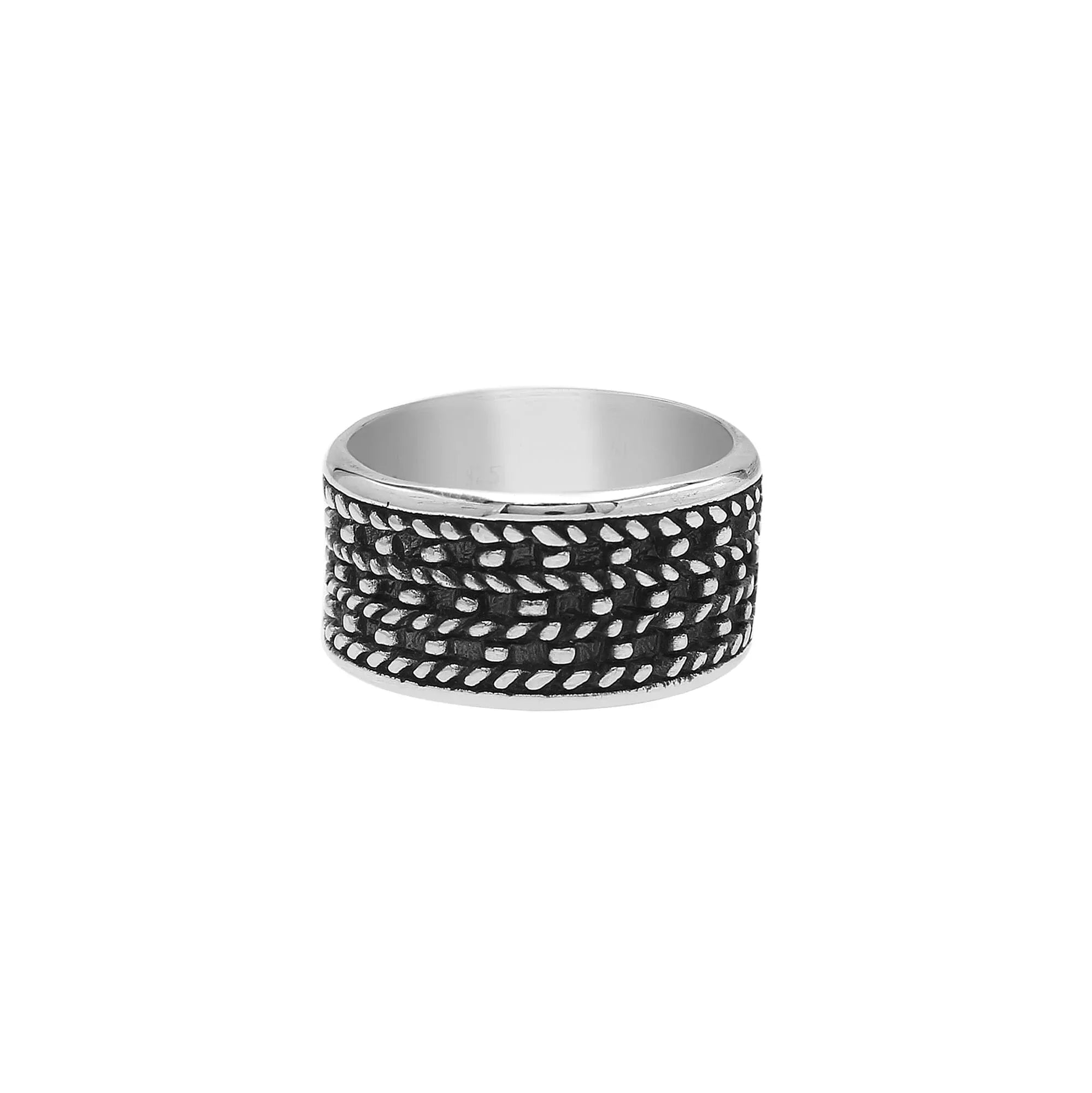 Sterling silver wholesale wide band ring with intricate Bali dot pattern, handcrafted 925 silver unisex jewelry for bulk orders.