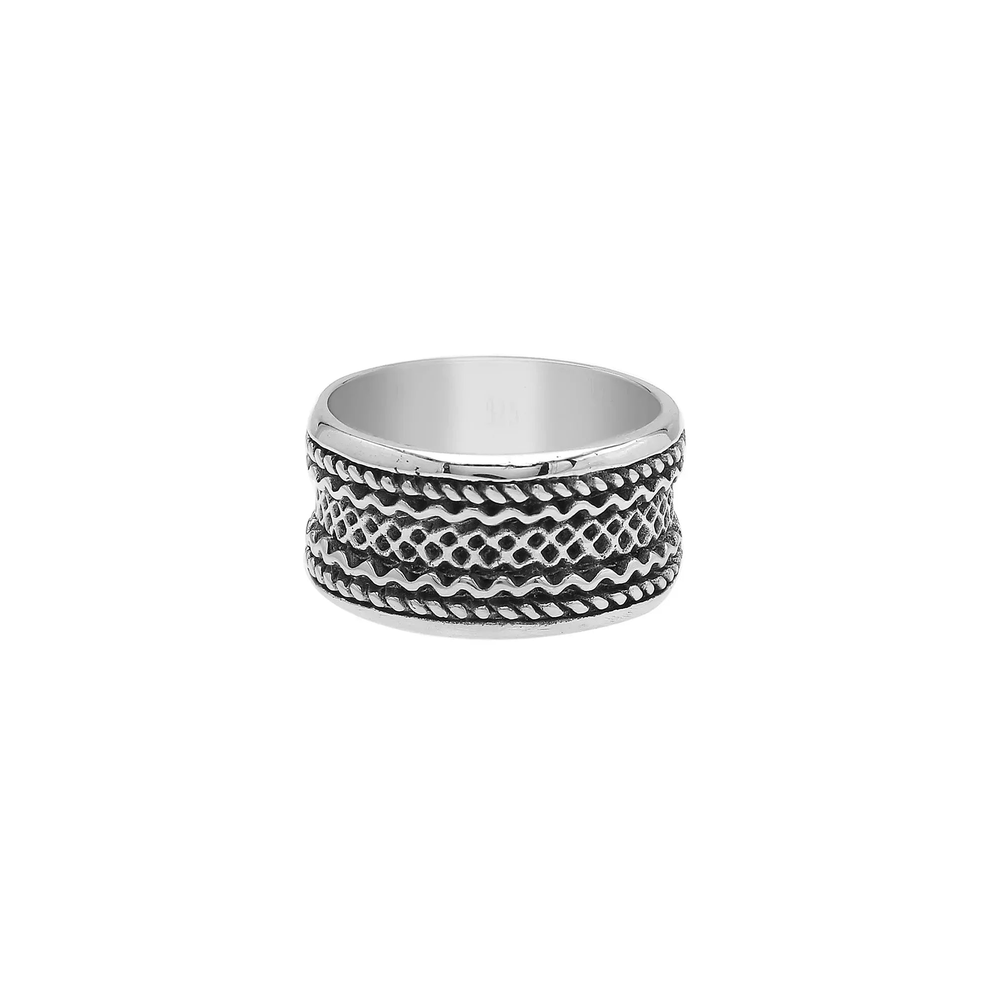 Wholesale sterling silver wide band ring with intricate tribal Bali design, handcrafted in 925 silver with oxidized detailing for jewelry retailers and bulk buyers.