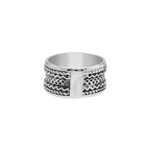 Wholesale sterling silver wide band ring with intricate tribal Bali design, handcrafted in 925 silver with oxidized detailing for jewelry retailers and bulk buyers.