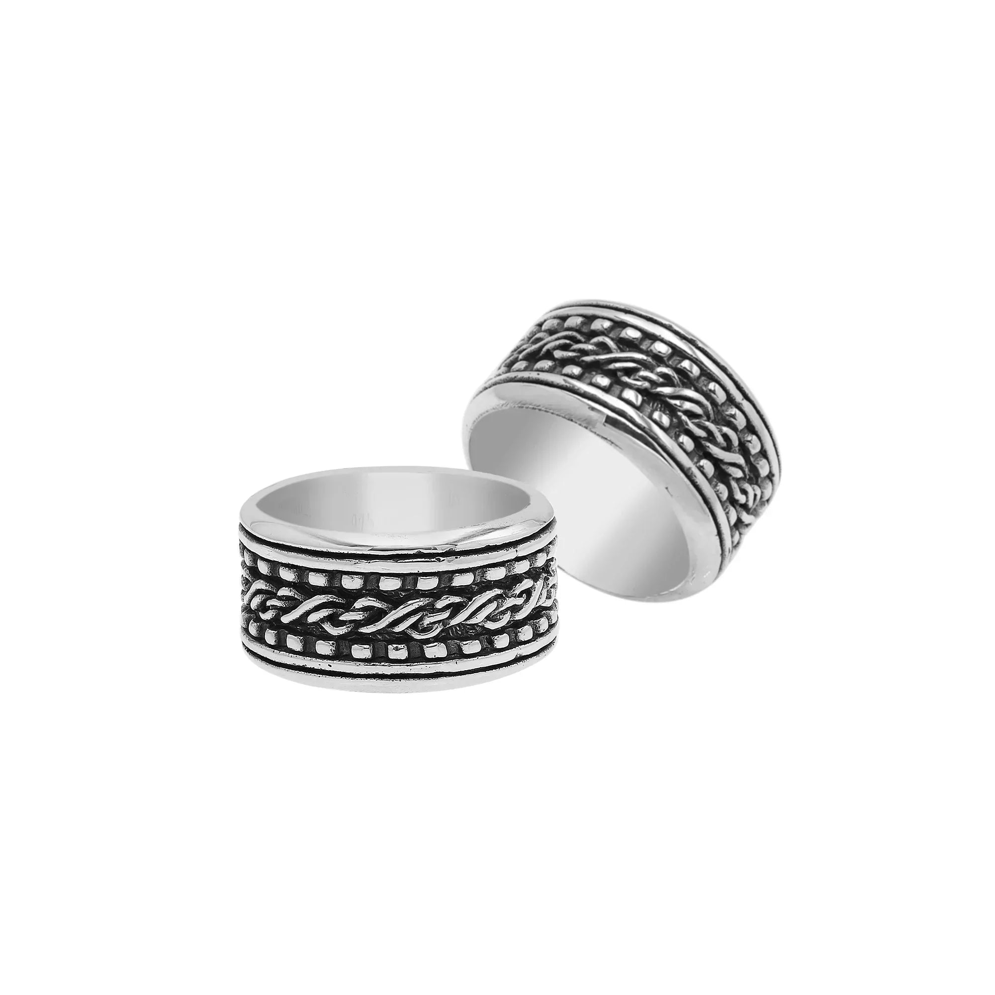 Wholesale sterling silver braided band rings with oxidized rope design, wide unisex silver jewelry for bulk resellers.