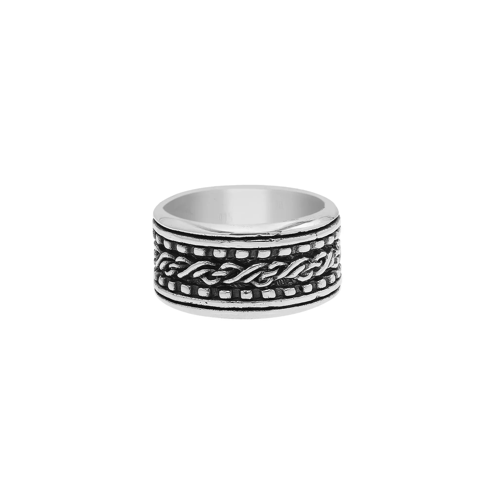 Wholesale sterling silver braided band rings with oxidized rope design, wide unisex silver jewelry for bulk resellers.