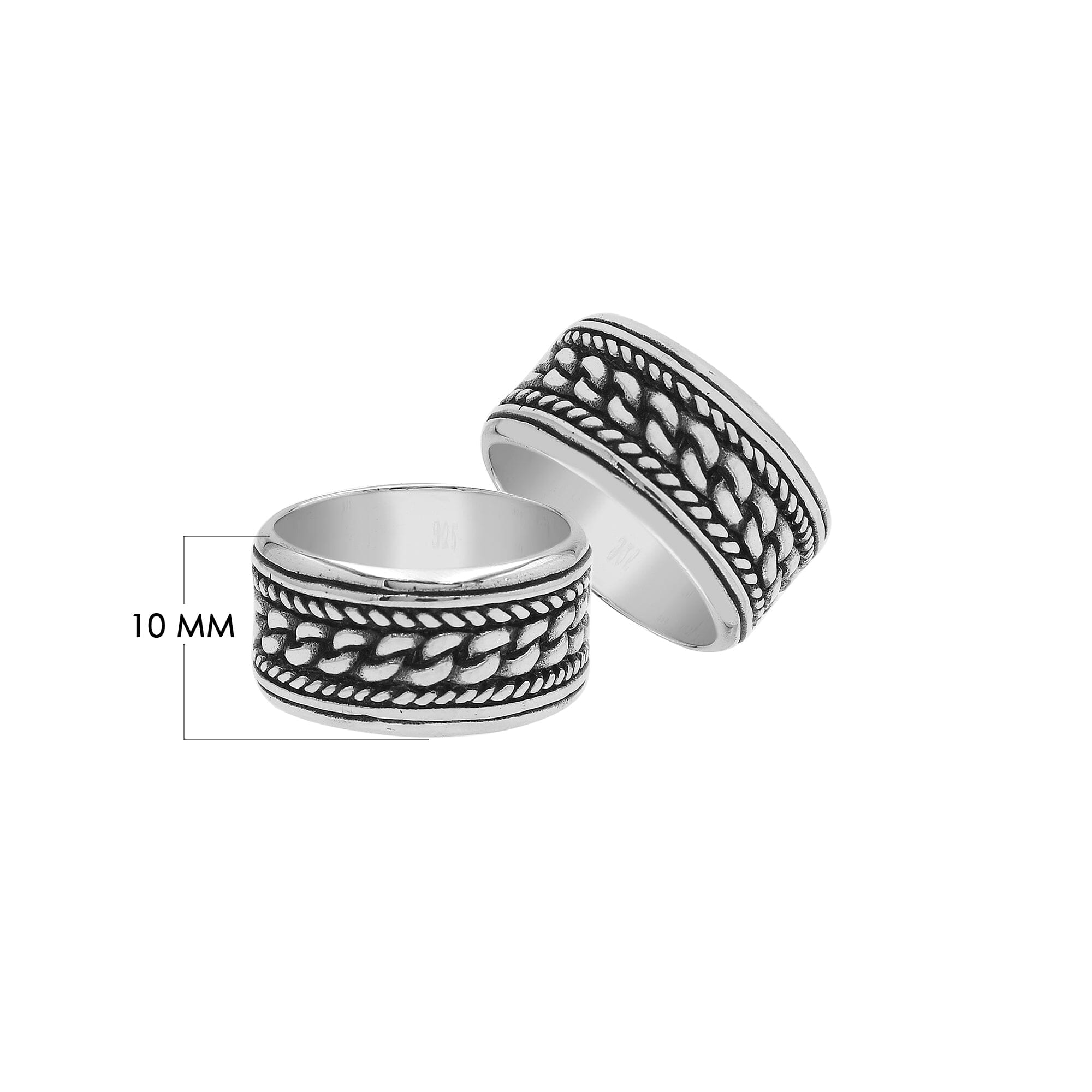 Wholesale sterling silver chain link band rings with wide oxidized design, unisex silver jewelry for bulk resellers.