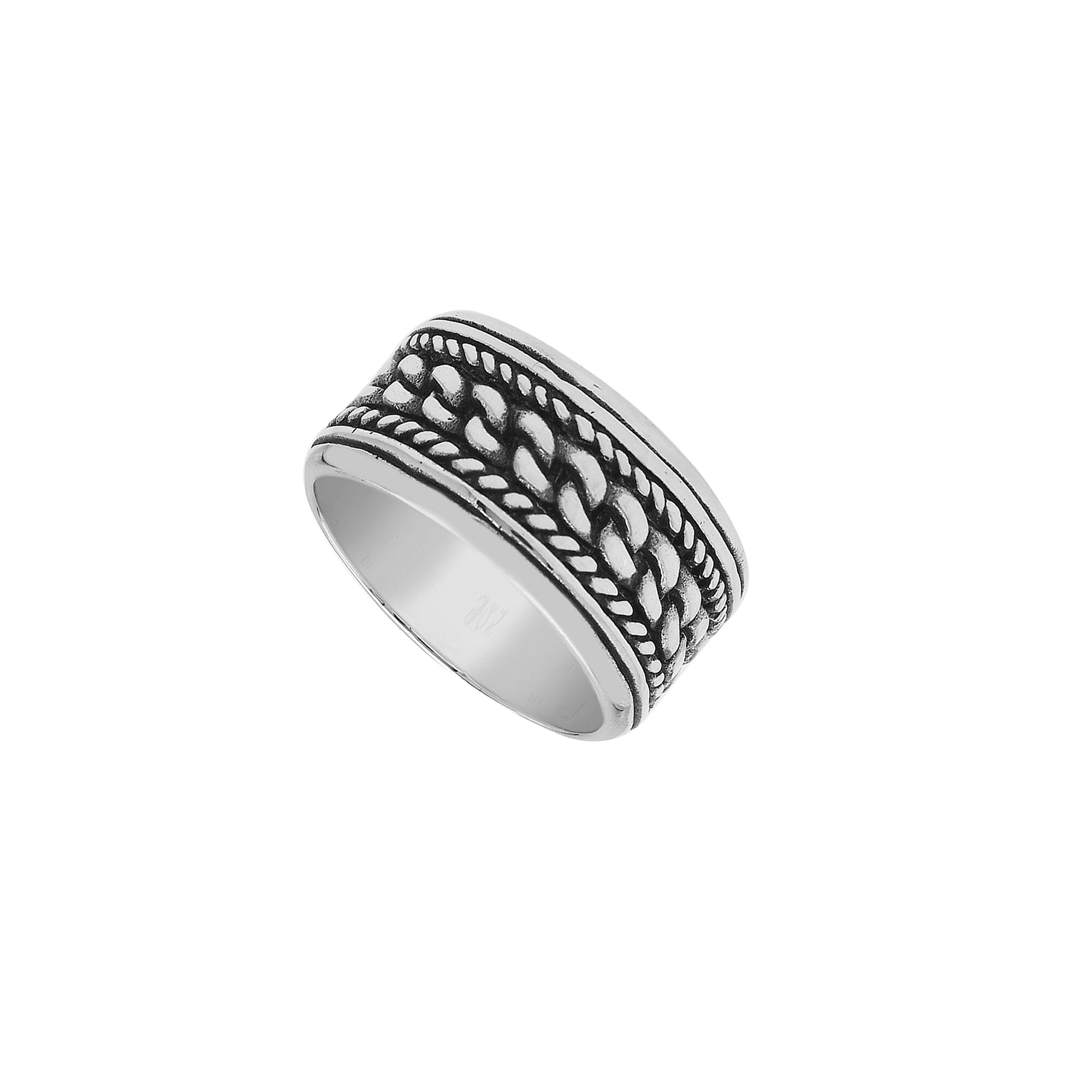 Wholesale sterling silver chain link band rings with wide oxidized design, unisex silver jewelry for bulk resellers.