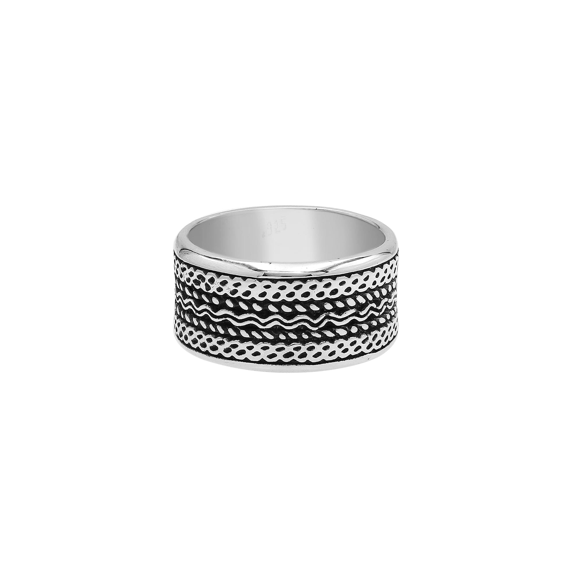 Wholesale sterling silver patterned wide band rings with oxidized finish, unisex artisan silver jewelry for bulk resellers.