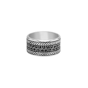 Wholesale sterling silver patterned wide band rings with oxidized finish, unisex artisan silver jewelry for bulk resellers.