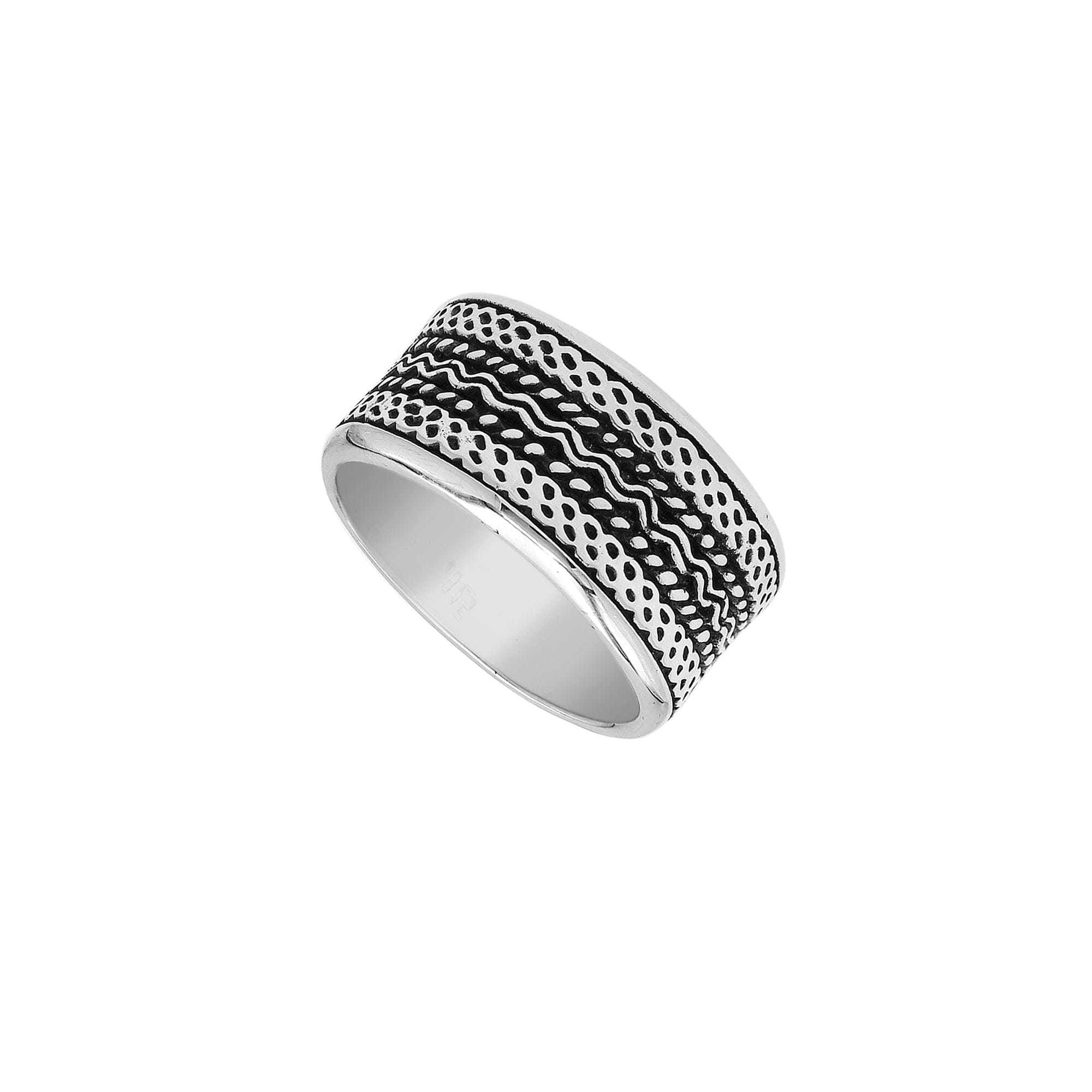 Wholesale sterling silver patterned wide band rings with oxidized finish, unisex artisan silver jewelry for bulk resellers.