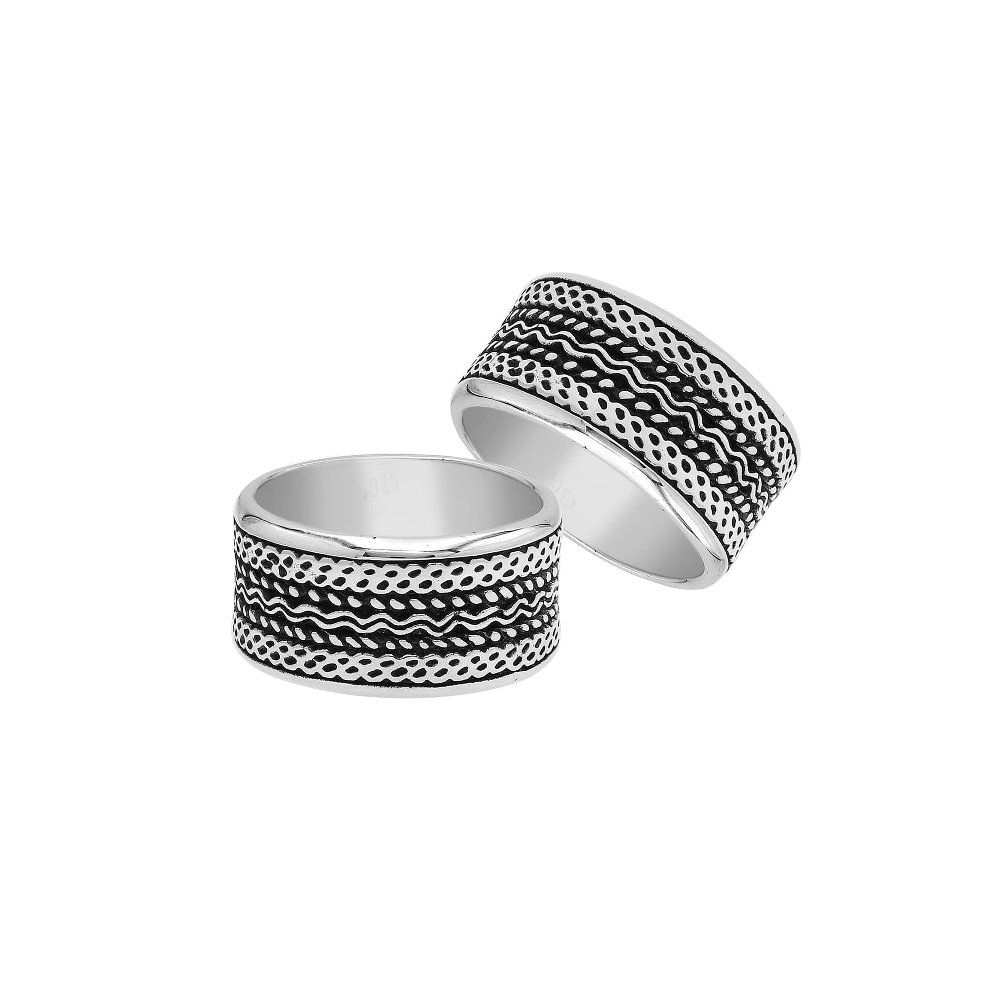 Wholesale sterling silver patterned wide band rings with oxidized finish, unisex artisan silver jewelry for bulk resellers.