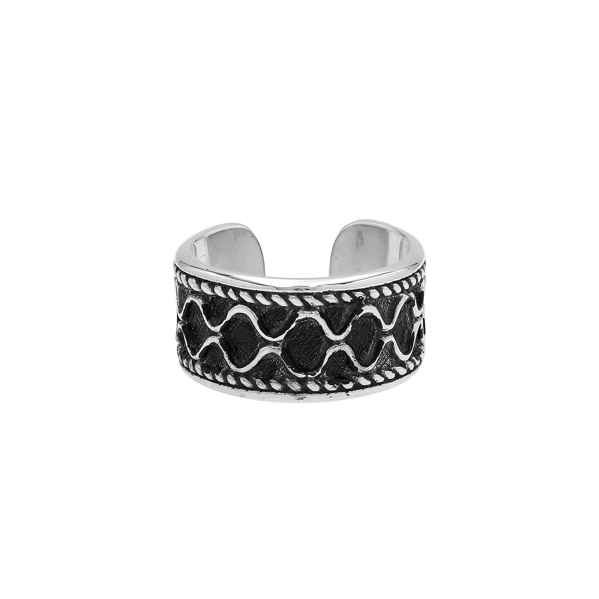Wholesale sterling silver adjustable wide band rings with wavy oxidized pattern, unisex artisan silver jewelry for bulk resellers.