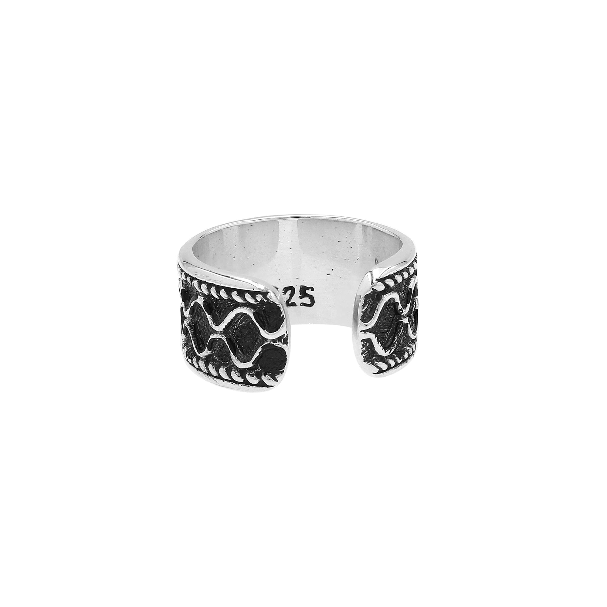 Wholesale sterling silver adjustable wide band rings with wavy oxidized pattern, unisex artisan silver jewelry for bulk resellers.