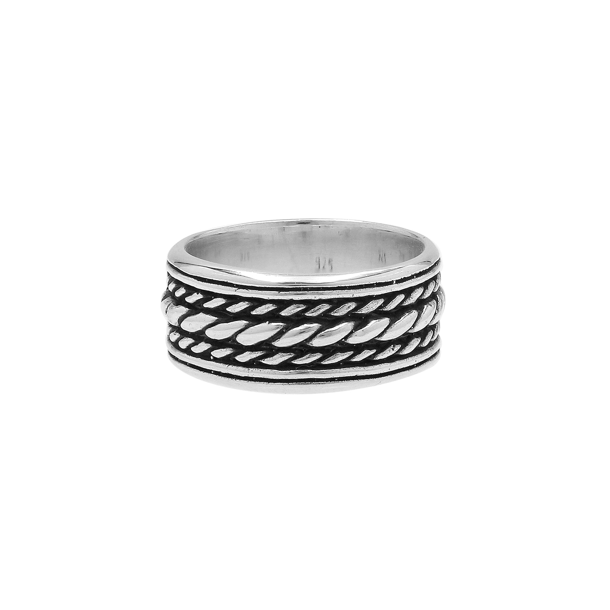 Wholesale sterling silver rope band rings with oxidized wide design, 925 silver unisex bulk jewelry for resellers and stores.