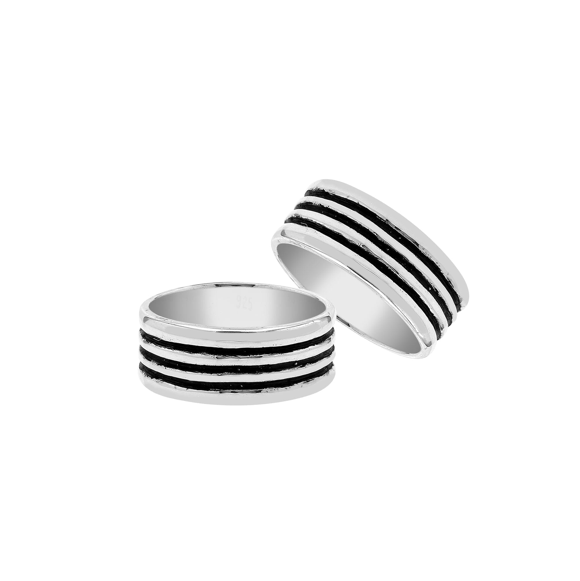 Wholesale sterling silver band ring with three oxidized black stripes, wide unisex design, handcrafted 925 silver jewelry for bulk orders and resellers.