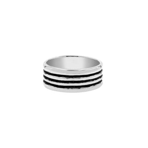 Wholesale sterling silver band ring with three oxidized black stripes, wide unisex design, handcrafted 925 silver jewelry for bulk orders and resellers.