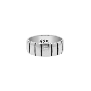 Wholesale sterling silver band ring with vertical oxidized stripe design, wide unisex 925 silver ring handcrafted in Bali for bulk orders and resellers.