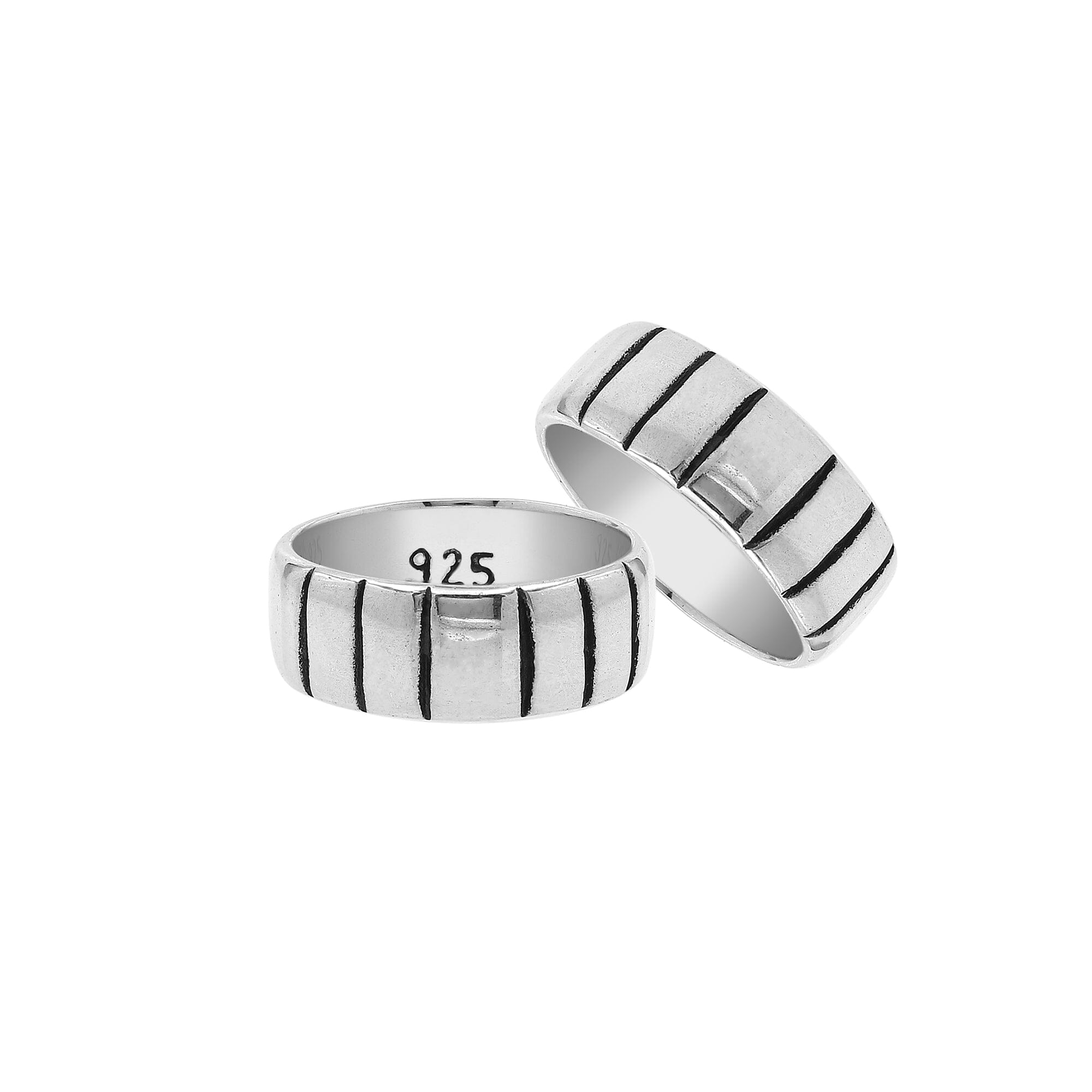 Wholesale sterling silver band ring with vertical oxidized stripe design, wide unisex 925 silver ring handcrafted in Bali for bulk orders and resellers.