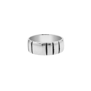 Wholesale sterling silver band ring with vertical oxidized stripe design, wide unisex 925 silver ring handcrafted in Bali for bulk orders and resellers.