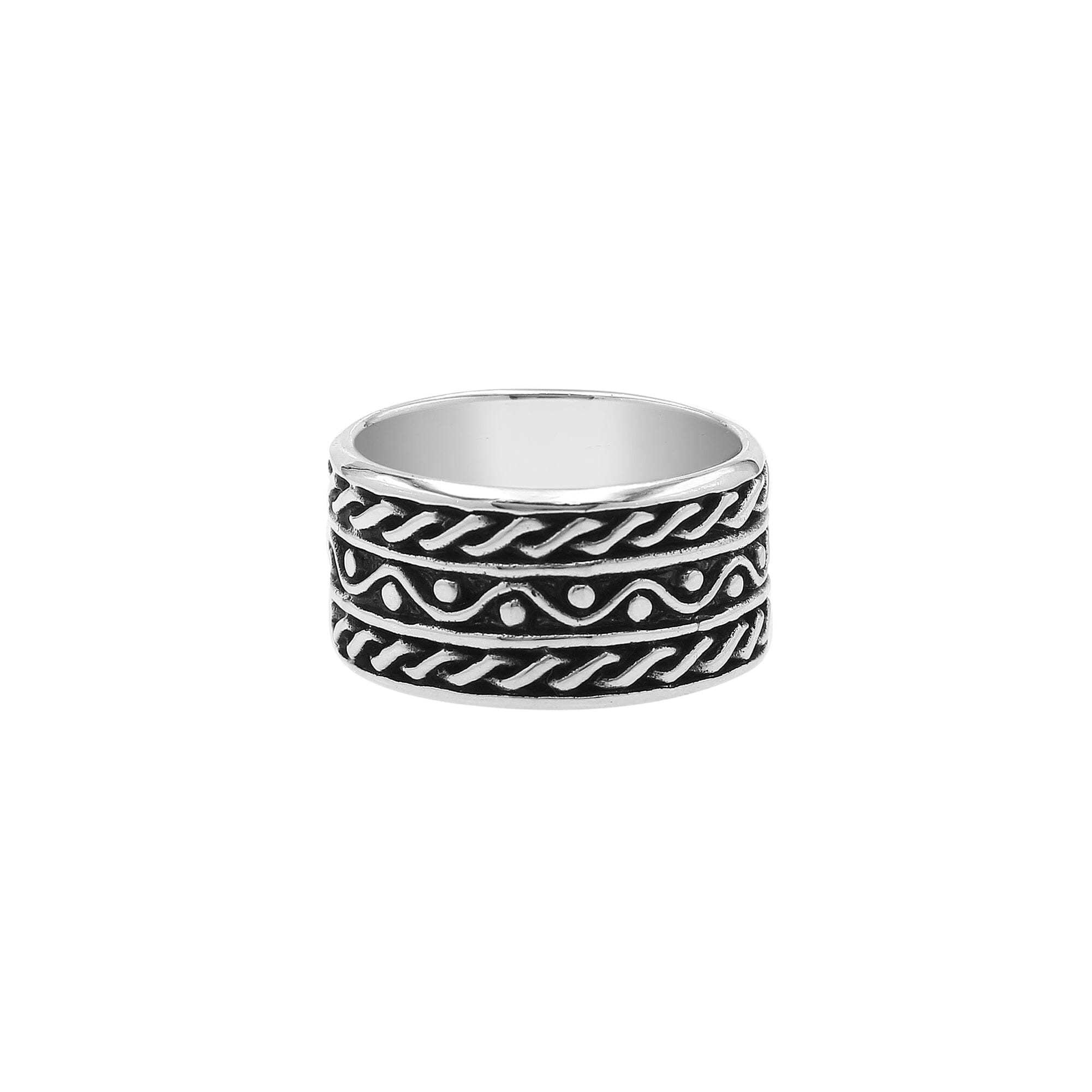 Wholesale sterling silver wide band ring with rope and dot oxidized design, handcrafted 925 unisex silver jewelry from Bali for bulk orders and resellers.