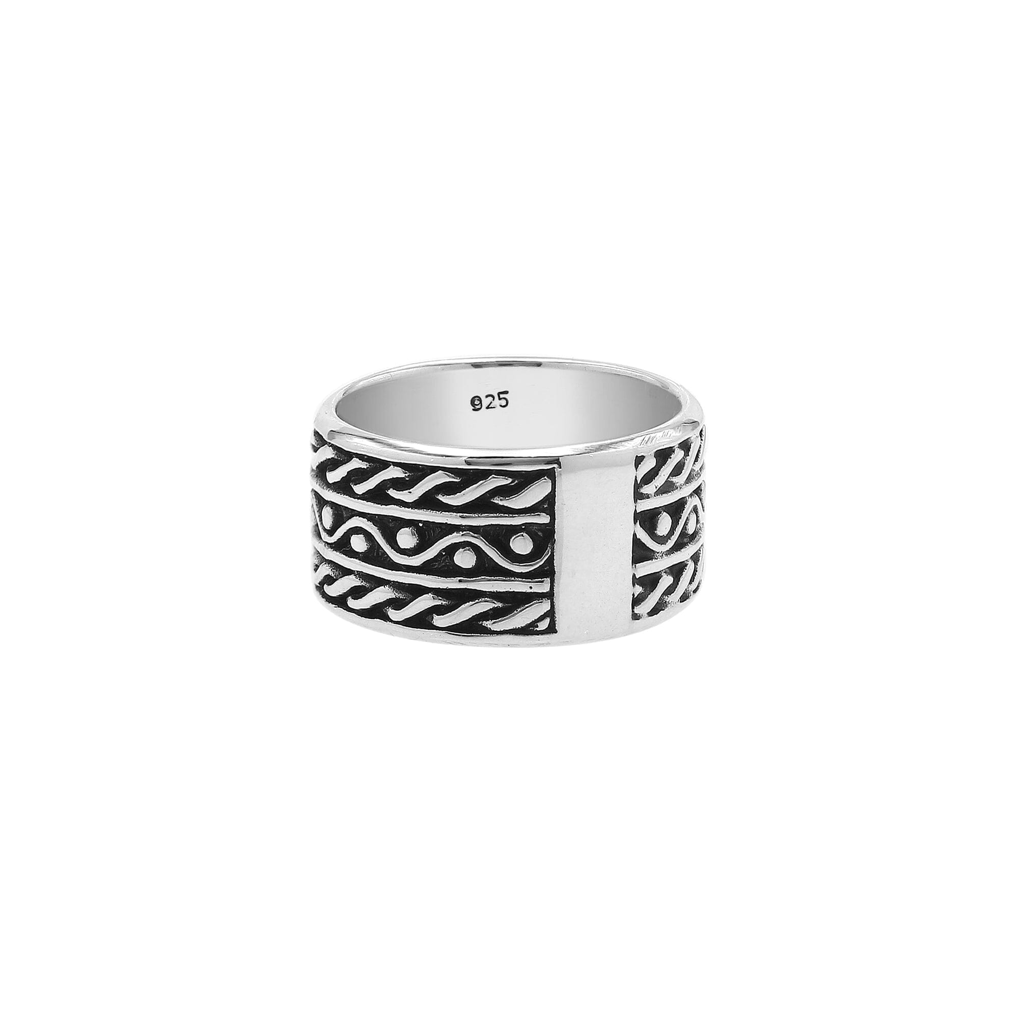 Wholesale sterling silver wide band ring with rope and dot oxidized design, handcrafted 925 unisex silver jewelry from Bali for bulk orders and resellers.