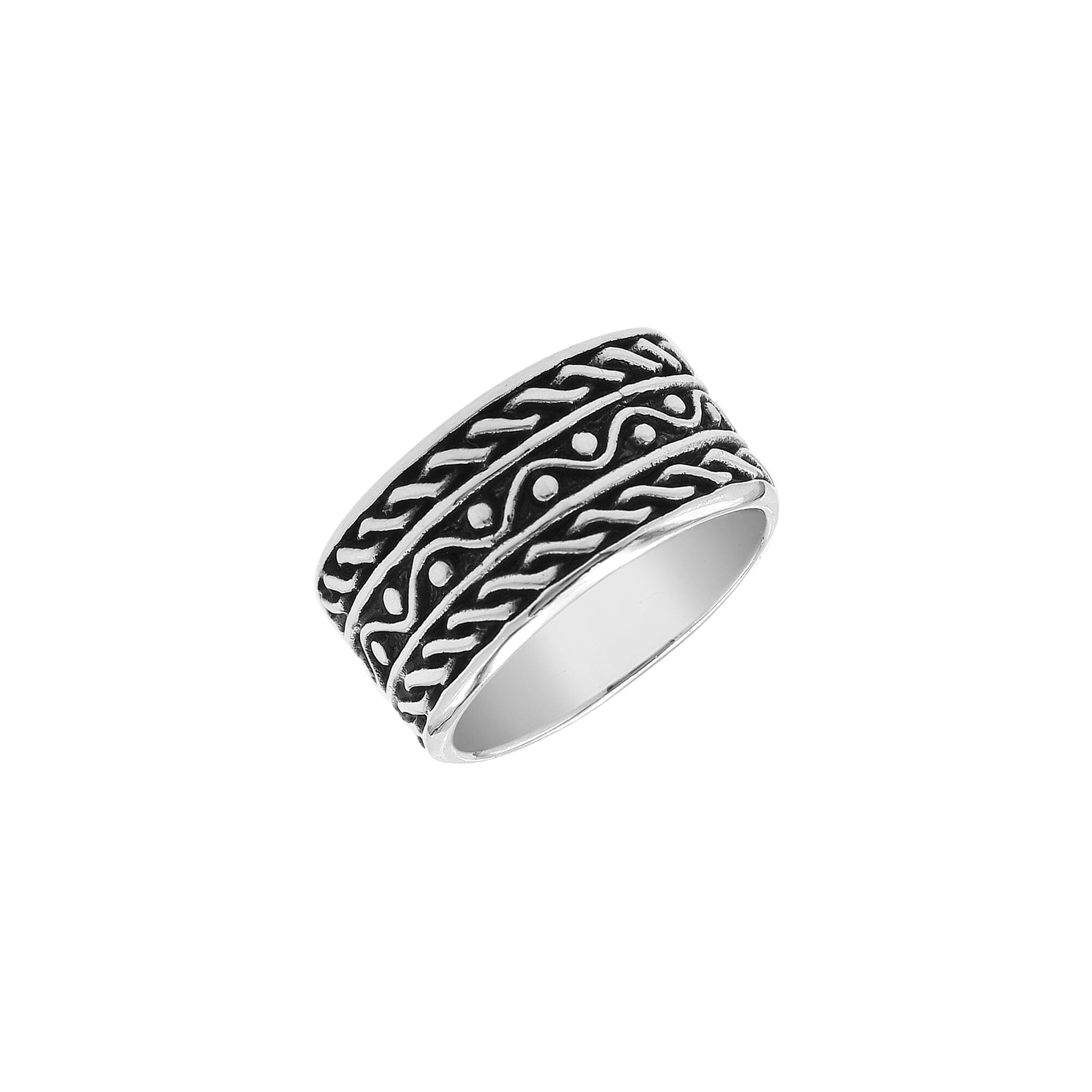 AR-1145-S-10 Sterling Silver Ring With Plain SilveWholesale sterling silver wide band ring with rope and dot oxidized design, handcrafted 925 unisex silver jewelry from Bali for bulk orders and resellers.r Jewelry Bali Designs Inc 