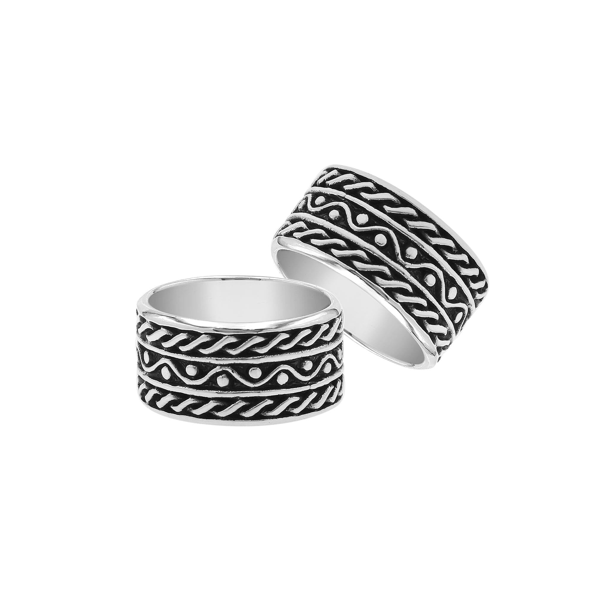 Wholesale sterling silver wide band ring with rope and dot oxidized design, handcrafted 925 unisex silver jewelry from Bali for bulk orders and resellers.