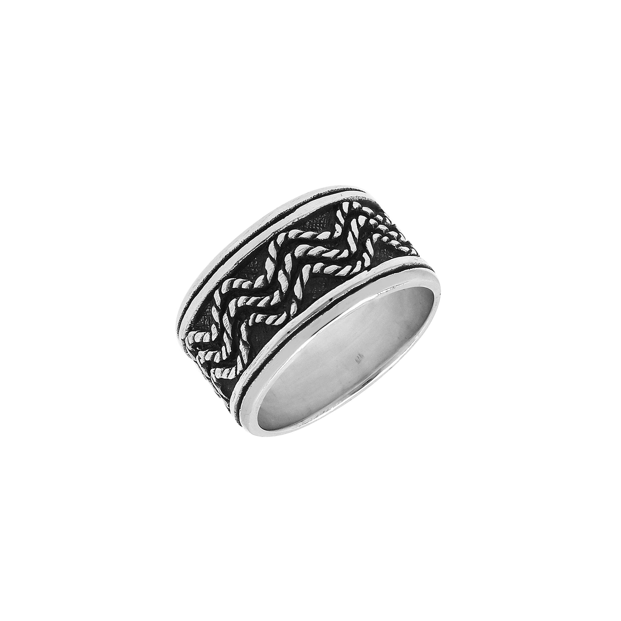 Wholesale sterling silver wide band ring with braided rope design and oxidized detailing, handcrafted 925 unisex silver jewelry from Bali for bulk orders and resellers.