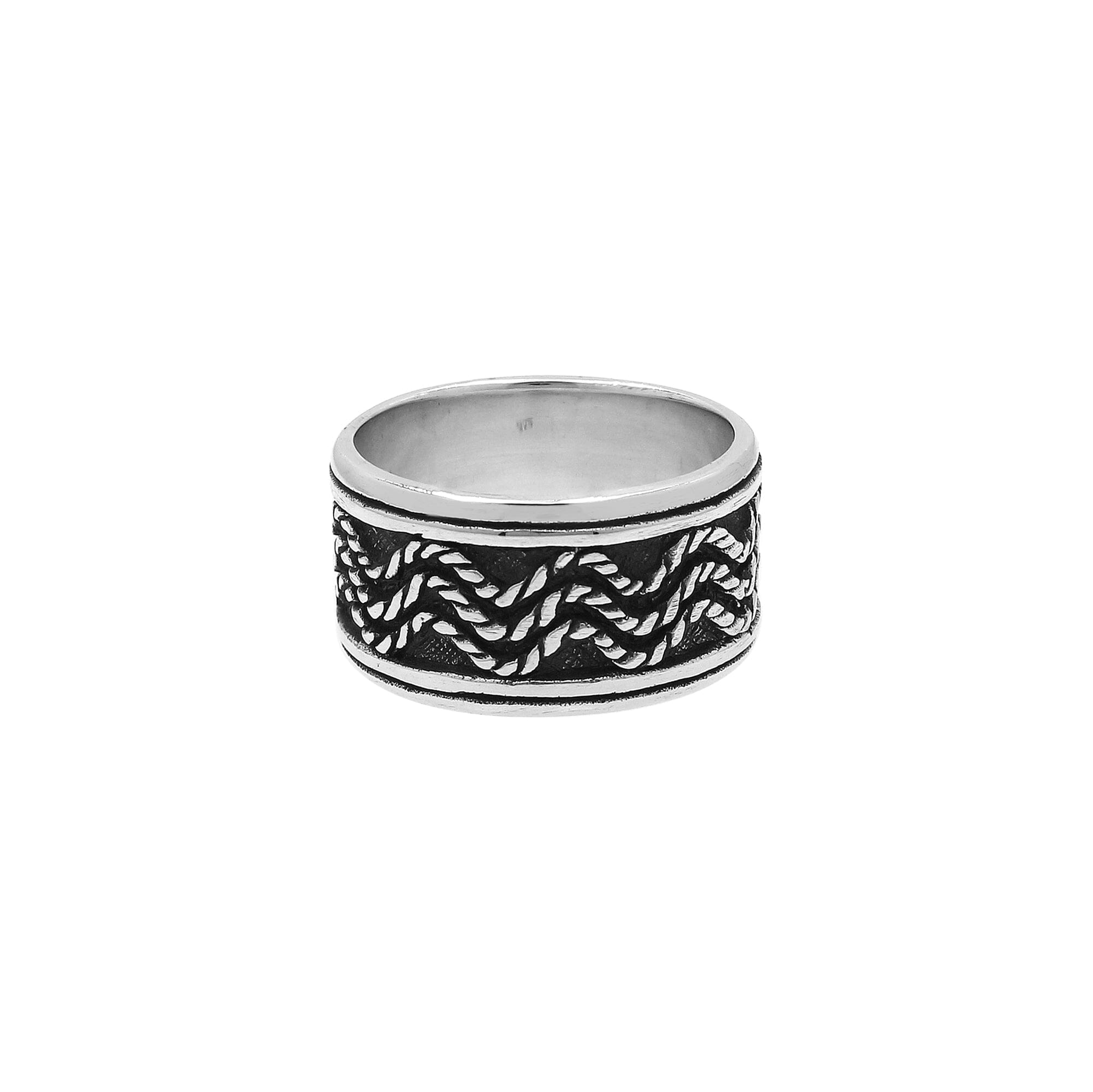 Wholesale sterling silver wide band ring with braided rope design and oxidized detailing, handcrafted 925 unisex silver jewelry from Bali for bulk orders and resellers.