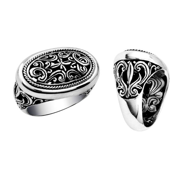 Wholesale sterling silver Woman oval signet ring with Bali scrollwork carving and oxidized finish, handcrafted 925 silver jewelry.