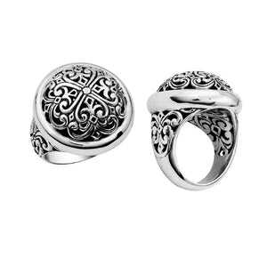 Wholesale sterling silver domed ring with intricate Bali carving, 24MM artisan statement jewelry.
