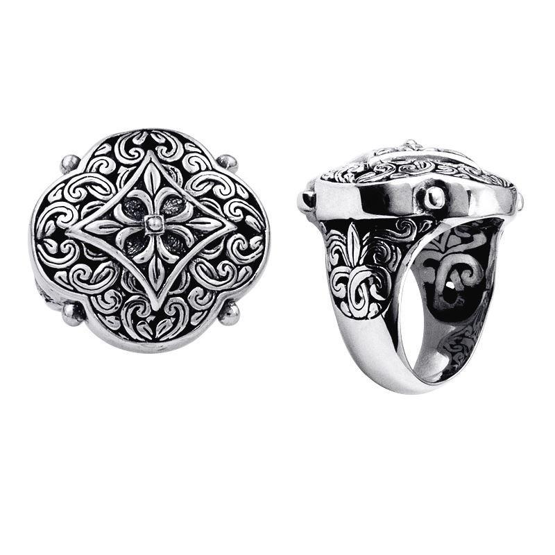 AR-6009-S-10" Sterling Silver Designer Flower Shape Ring With Plain Silver Jewelry Bali Designs Inc 