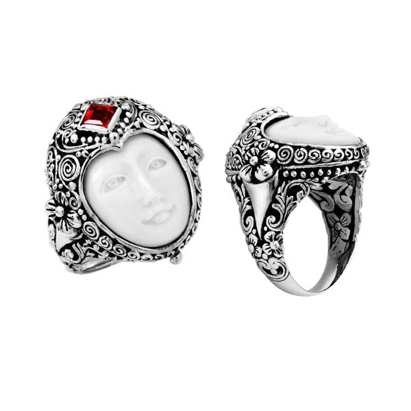 AR-6010-CO1-10" Sterling Silver Ring With Garnet, Bone Face Jewelry Bali Designs Inc 