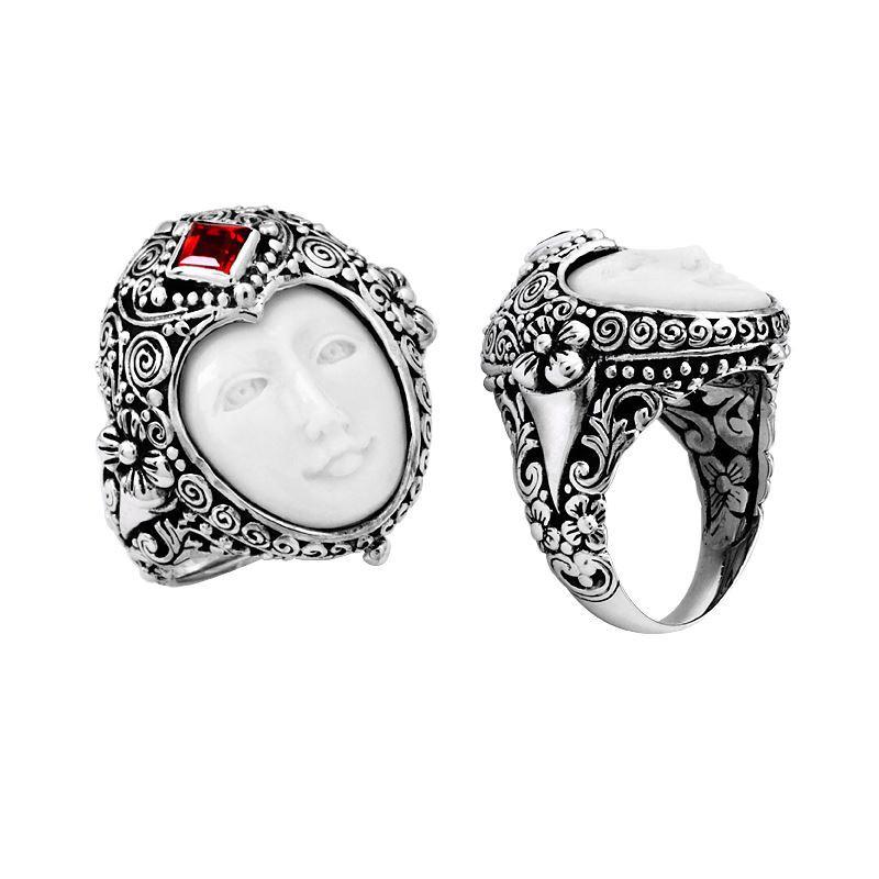 AR-6010-CO1-8" Sterling Silver Ring With Garnet, Bone Face Jewelry Bali Designs Inc 