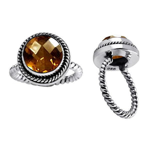 Sterling silver ring with faceted round Citrine Quartz and rope band design, wholesale Bali handmade jewelry