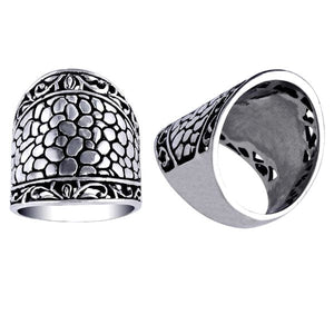 Sterling Silver Dome ring with hammered texture and scroll design, wholesale Bali handmade jewelry