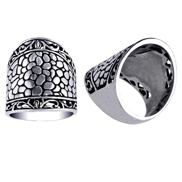 Sterling Silver Dome ring with hammered texture and scroll design, wholesale Bali handmade jewelry