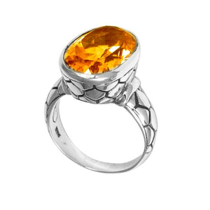 Sterling silver wholesale ring with oval Citrine Quartz and textured carved band, handcrafted in Bali.