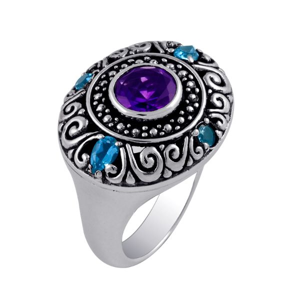 AR-6047-CO1-6" Sterling Silver Ring With Amethyst, Blue Topaz Jewelry Bali Designs Inc 