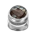 Wholesale sterling silver ring with faceted smoky quartz and braided bezel detailing – handcrafted artisan jewelry from Bali.