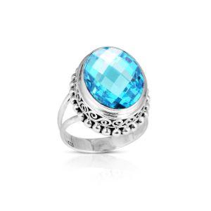 Wholesale sterling silver ring with faceted oval Blue Topaz Quartz, Balinese scroll and bead design – bulk handcrafted statement jewelry.