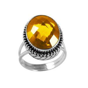 Wholesale sterling silver ring with faceted oval Citrine Quartz, Balinese beaded border design – bulk handcrafted statement jewelry.