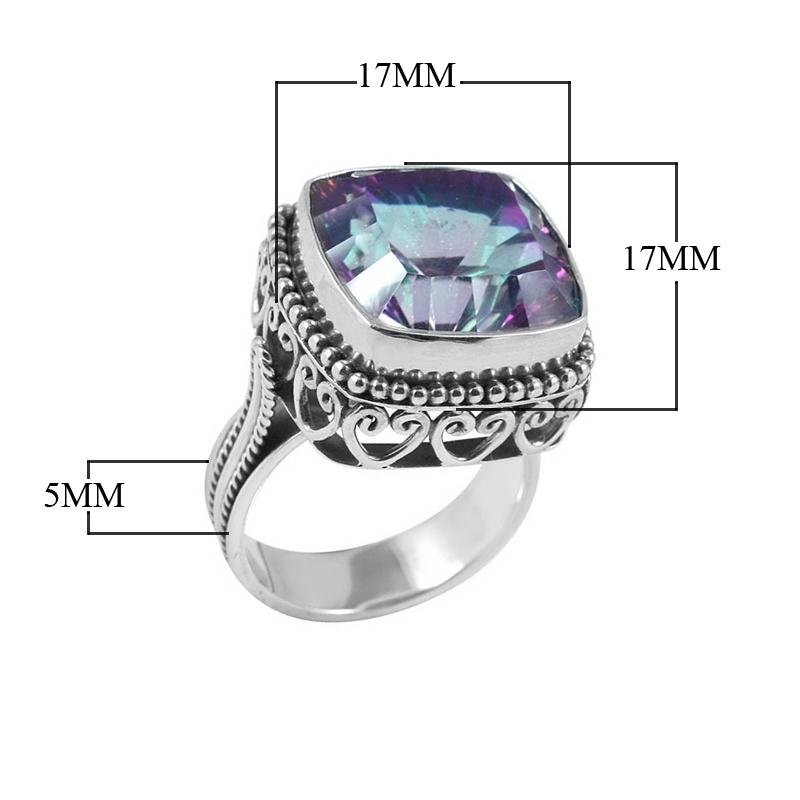 Wholesale sterling silver ring with faceted square Mystic Topaz Quartz, Balinese beaded border and scrollwork design – bulk handcrafted statement jewelry.