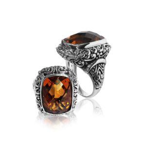 Sterling silver Balinese Citrine Quartz ring with cushion-cut Quartz and ornate floral scrollwork – wholesale.
