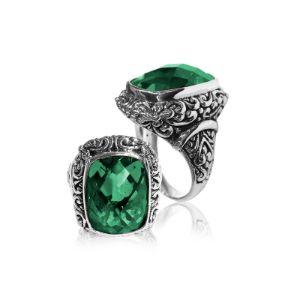 Sterling silver Woman ring with cushion-cut Green Quartz and Balinese carvings – wholesale jewelry